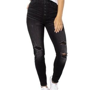Celebrity Pink Women’s High Rise Black Distressed Button Up Skinny Jean Size 13